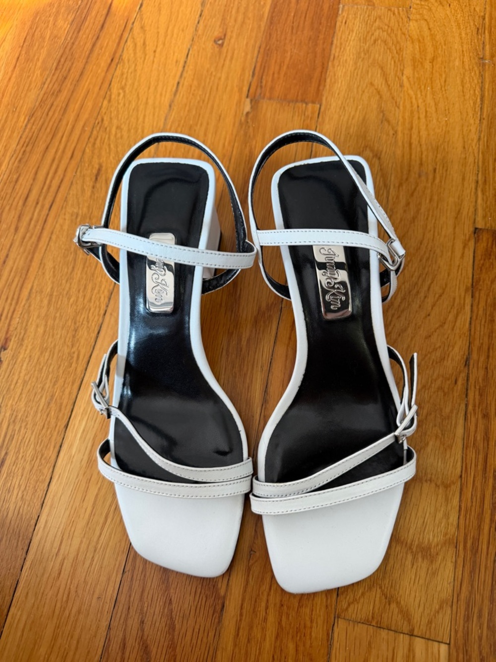 White Strappy Block Heel Sandal Silver Logo Hardware Size 36 / US 6